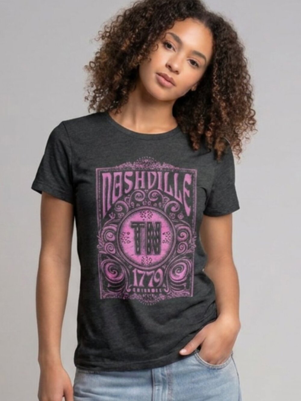 NASHVILLE Women’s T-Shirt in Dark Gray & Hot Pink, Perfect for POSHFEST, Size S
